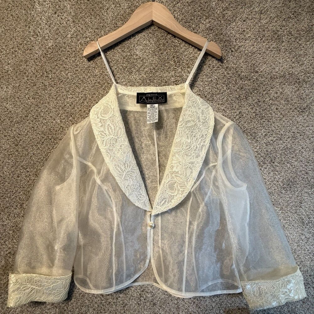 Alex Evenings 23048 Ivory Sheer Chiffon Lace Bolero Jacket Shrug Petite 4P NWT